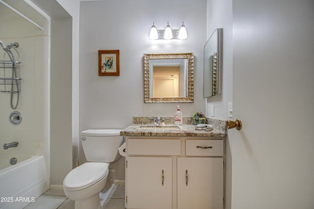 bathroom featuring toilet, shower / bath combination, vanity, baseboards, and tile patterned floors