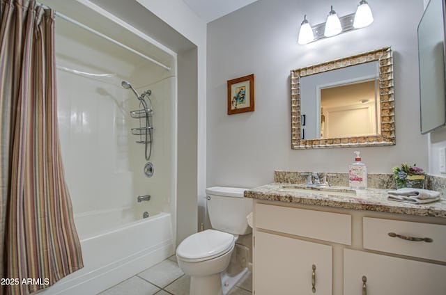 bathroom with vanity, shower / tub combo, tile patterned flooring, and toilet