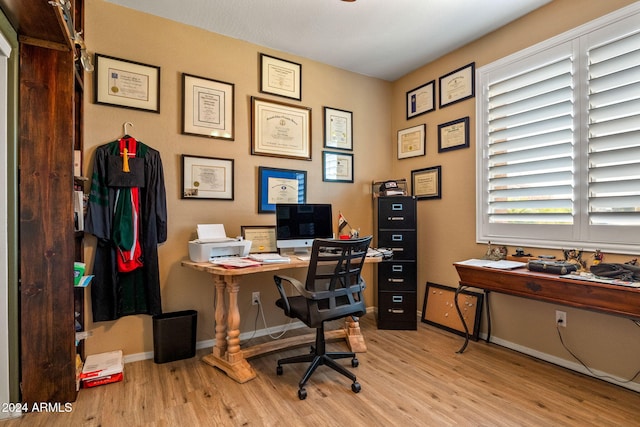 home office featuring light hardwood / wood-style floors