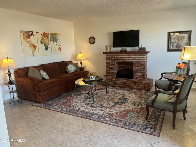 9679 W Cinnabar Ave Unit B, Peoria, AZ 85345 - tiled living room featuring a textured ceiling and a brick fireplace