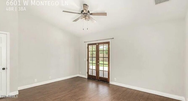 6601 W Montego Ln, Glendale, AZ 85306 - spare room featuring french doors, dark wood-style flooring, baseboards, and a ceiling fan