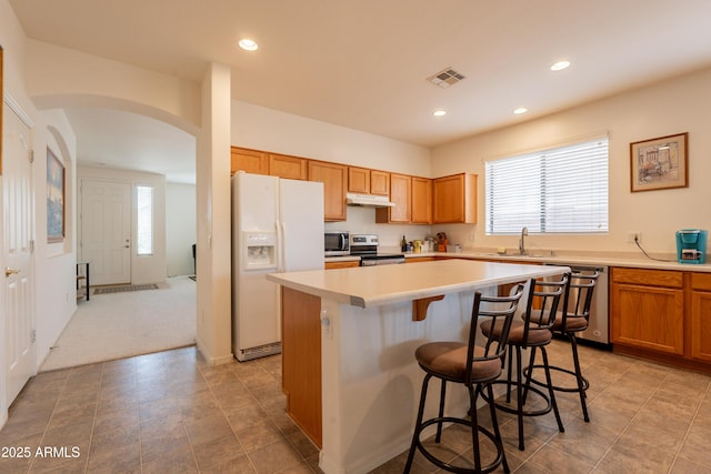 170 E Canary Ct, San Tan Valley, AZ 85143 - kitchen featuring appliances with stainless steel finishes, a sink, arched walkways, under cabinet range hood, and a kitchen island