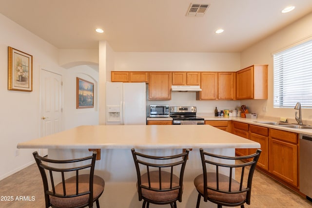170 E Canary Ct, San Tan Valley, AZ 85143 - kitchen with appliances with stainless steel finishes, a sink, under cabinet range hood, light countertops, and recessed lighting
