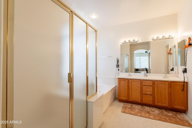 170 E Canary Ct, San Tan Valley, AZ 85143 - bathroom with a stall shower, a bath, and double vanity