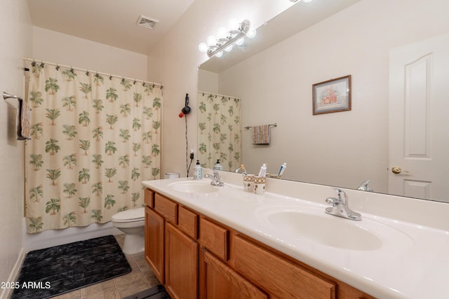 170 E Canary Ct, San Tan Valley, AZ 85143 - bathroom with toilet, tile patterned floors, double vanity, and shower / bathtub combination with curtain