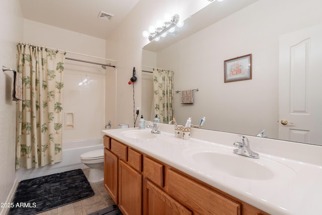 170 E Canary Ct, San Tan Valley, AZ 85143 - bathroom featuring toilet, tile patterned floors, double vanity, and shower / bath combo