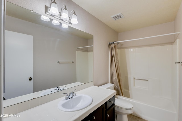 full bathroom with toilet, vanity, and shower / bath combo with shower curtain