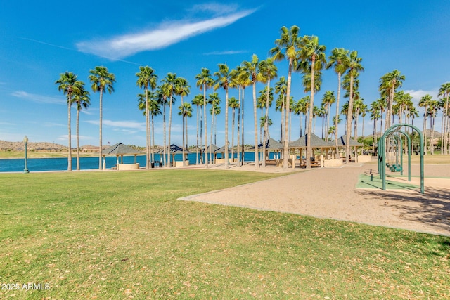 surrounding community featuring a yard and a water view