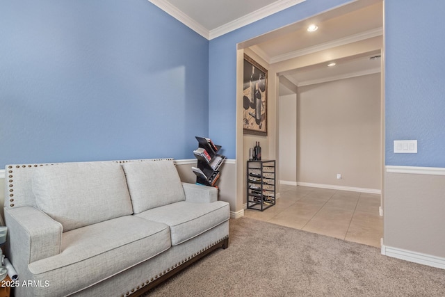 carpeted living room with tile patterned flooring, recessed lighting, baseboards, and ornamental molding