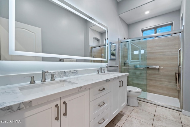 34611 N Sunset Trl, Cave Creek, AZ 85331 - bathroom featuring double vanity, toilet, a stall shower, and tile patterned floors
