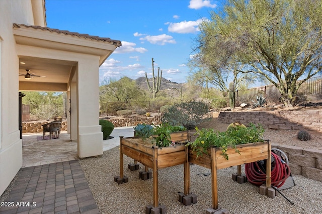34611 N Sunset Trl, Cave Creek, AZ 85331 - fenced backyard featuring a patio, a ceiling fan, and a mountain view
