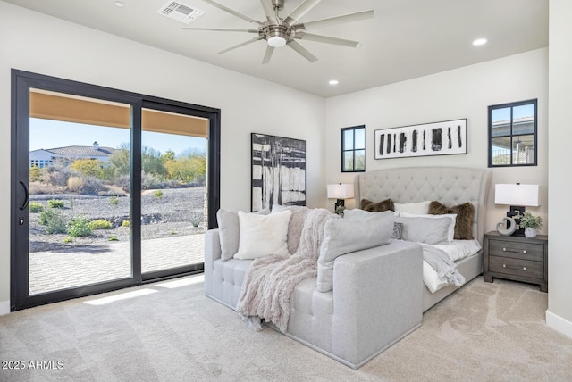 bedroom with ceiling fan, light colored carpet, and access to exterior