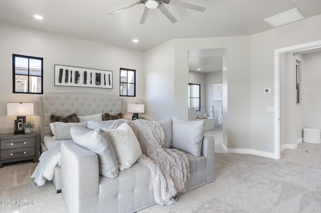 bedroom featuring ceiling fan and light colored carpet