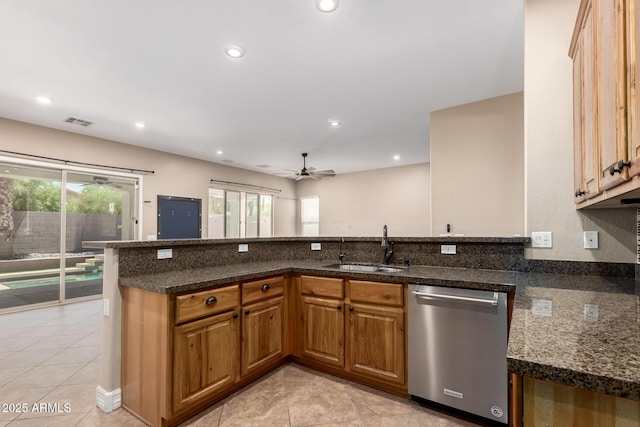 6805 S Sapphire Way, Chandler, AZ 85249 - kitchen featuring dishwasher, a sink, light tile patterned flooring, a ceiling fan, and recessed lighting