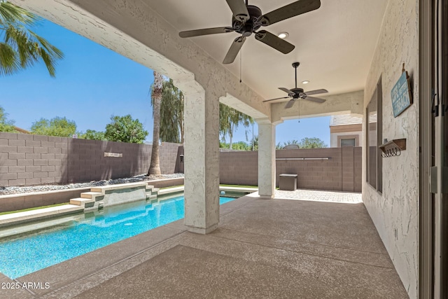 6805 S Sapphire Way, Chandler, AZ 85249 - view of swimming pool featuring ceiling fan, a fenced backyard, and a patio area
