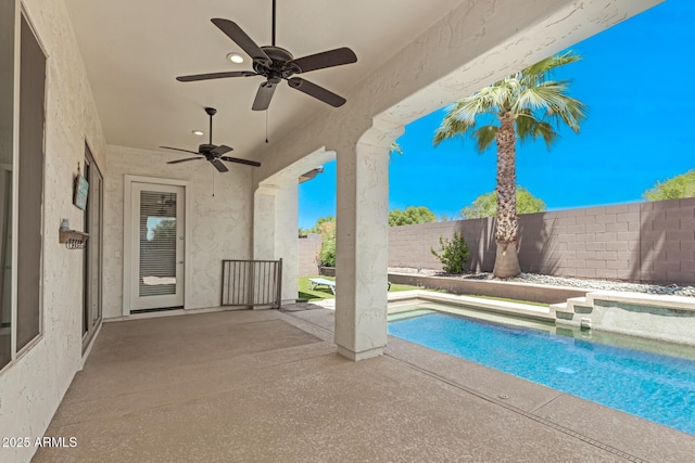 6805 S Sapphire Way, Chandler, AZ 85249 - view of pool with a ceiling fan, a fenced backyard, a patio, and a pool with connected hot tub