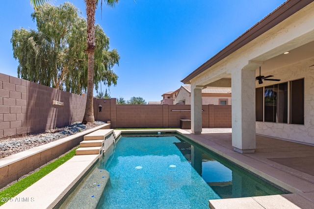 6805 S Sapphire Way, Chandler, AZ 85249 - view of swimming pool with a fenced backyard, a ceiling fan, and a patio area
