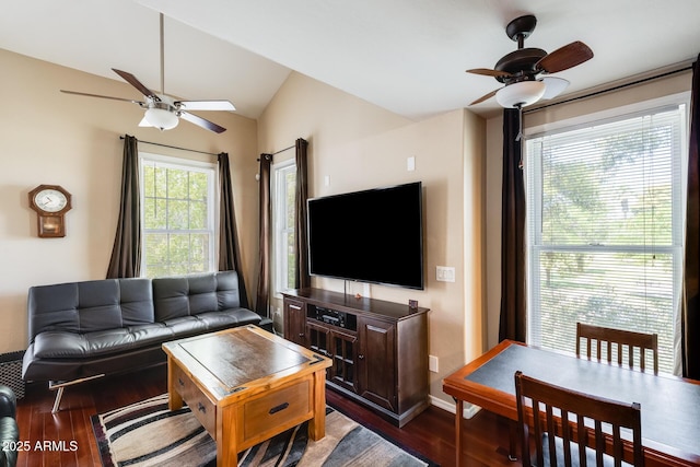 5734 S 21st Pl, Phoenix, AZ 85040 - living area with a ceiling fan, dark wood finished floors, and vaulted ceiling