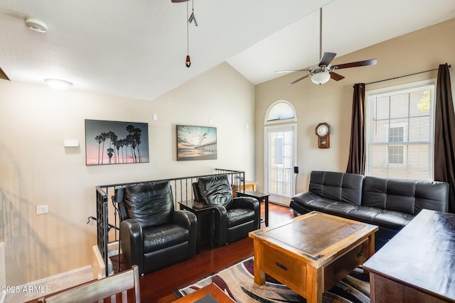 5734 S 21st Pl, Phoenix, AZ 85040 - living area with a ceiling fan, wood finished floors, and vaulted ceiling