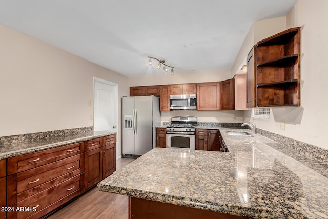 kitchen featuring kitchen peninsula, stainless steel appliances, light stone counters, and sink