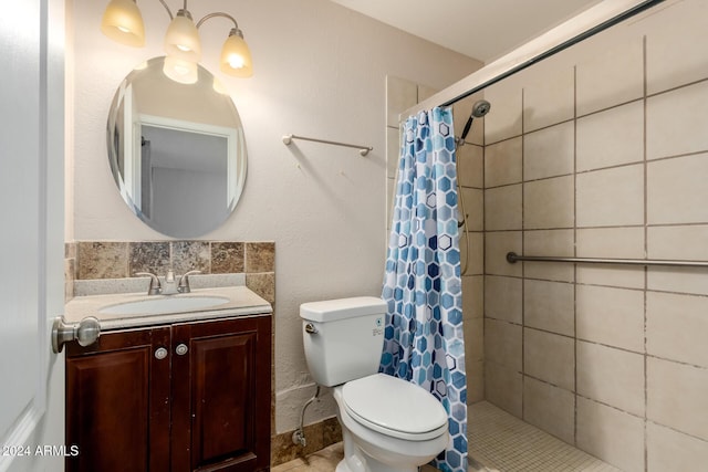 bathroom featuring vanity, curtained shower, toilet, and backsplash