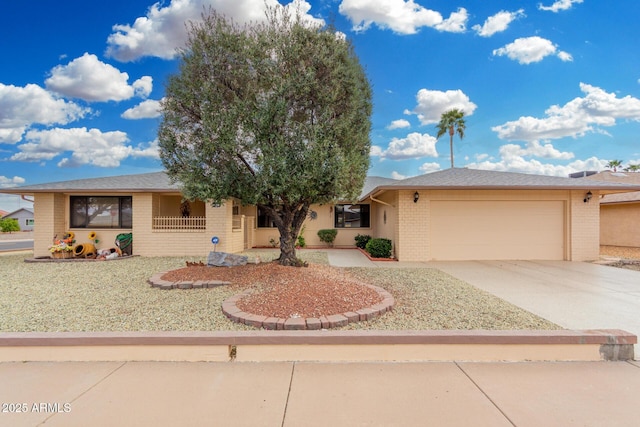 ranch-style home featuring a garage, concrete driveway, brick siding, and roof with shingles