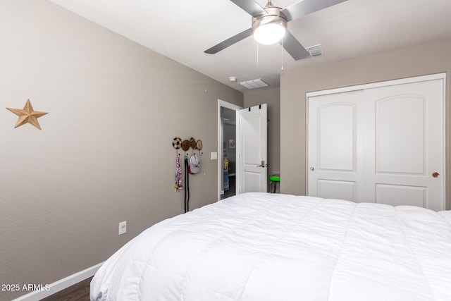 bedroom featuring ceiling fan and a closet