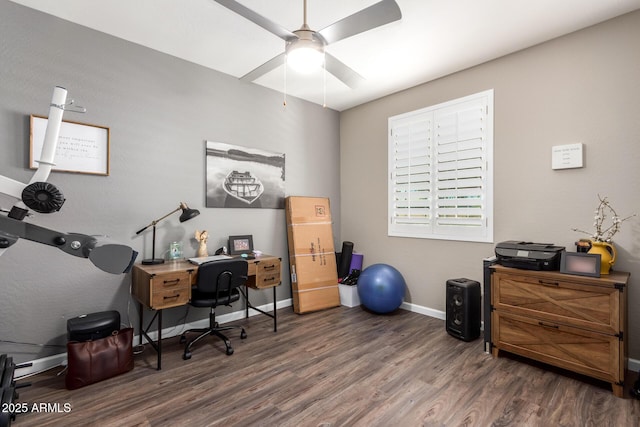 office space with ceiling fan and dark wood-type flooring