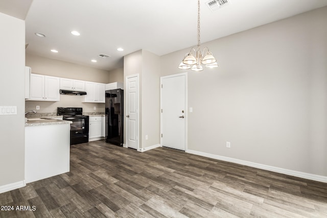 kitchen featuring white cabinetry, black appliances, dark hardwood / wood-style flooring, and pendant lighting