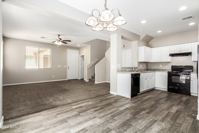 kitchen with ceiling fan with notable chandelier, black appliances, white cabinetry, carpet flooring, and light stone counters