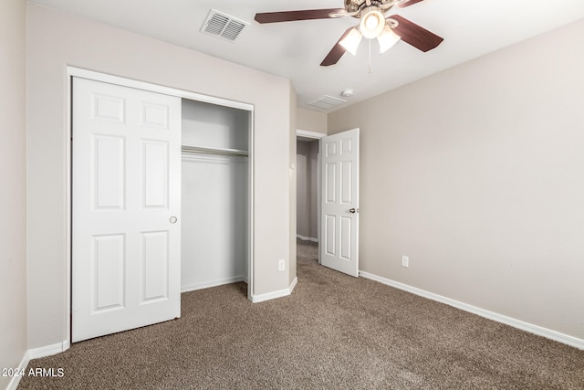 unfurnished bedroom with a closet, ceiling fan, and carpet