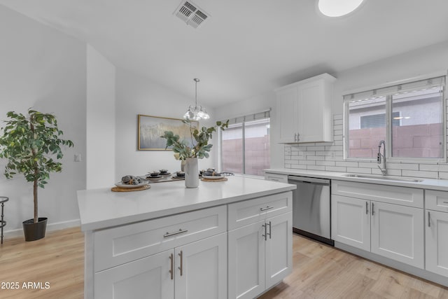 kitchen featuring light wood-style floors, visible vents, a sink, and stainless steel dishwasher