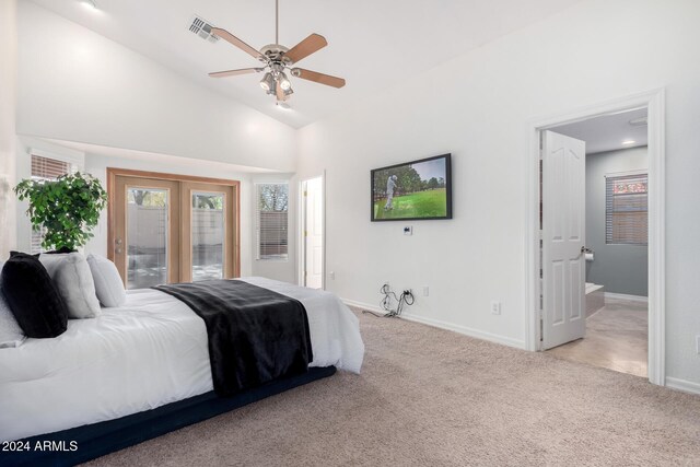 carpeted bedroom featuring ceiling fan, access to exterior, ensuite bathroom, and high vaulted ceiling