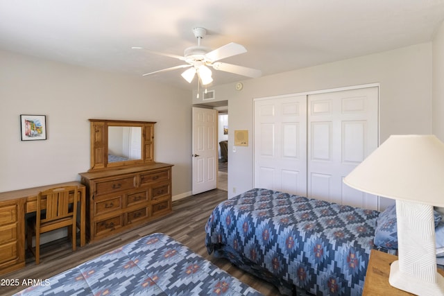 bedroom featuring ceiling fan, dark hardwood / wood-style flooring, and a closet