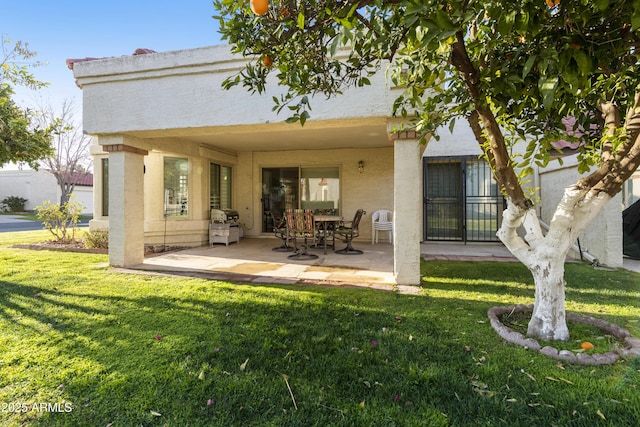 rear view of house with a patio and a lawn