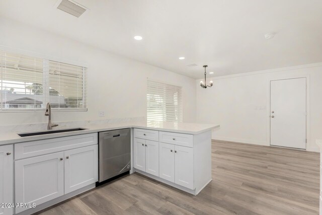 kitchen with kitchen peninsula, sink, white cabinets, and stainless steel dishwasher