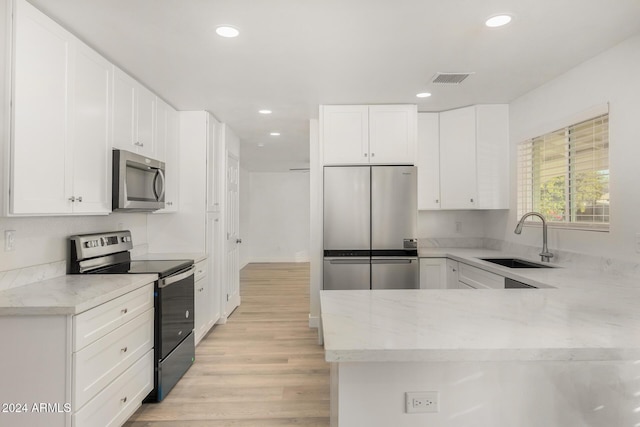 kitchen with white cabinetry, sink, stainless steel appliances, kitchen peninsula, and light wood-type flooring