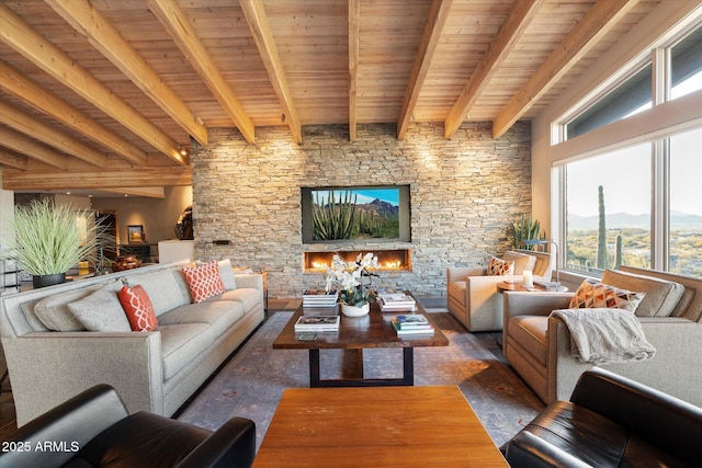 living room with wood ceiling and beam ceiling