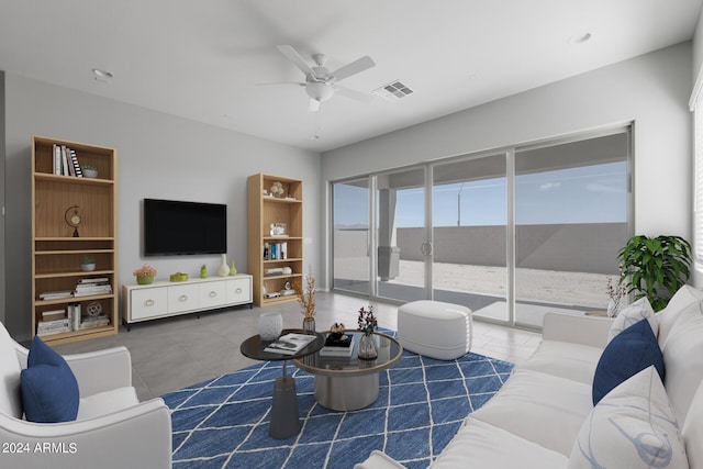 living room featuring dark tile flooring and ceiling fan