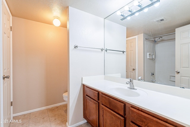 full bath featuring visible vents, baseboards, toilet, tile patterned floors, and vanity