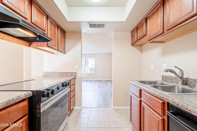 kitchen with under cabinet range hood, a sink, visible vents, electric range oven, and dishwasher