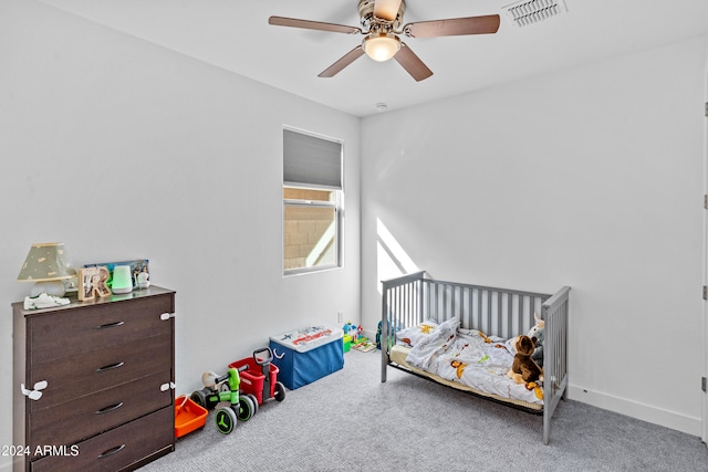 bedroom featuring carpet flooring and ceiling fan