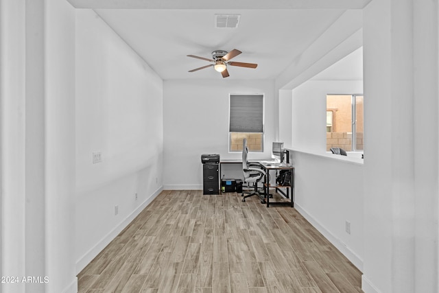 office area featuring ceiling fan and light hardwood / wood-style floors