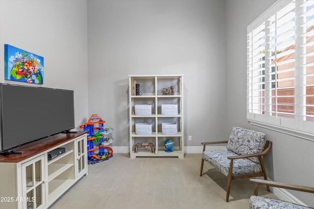 living area featuring carpet flooring