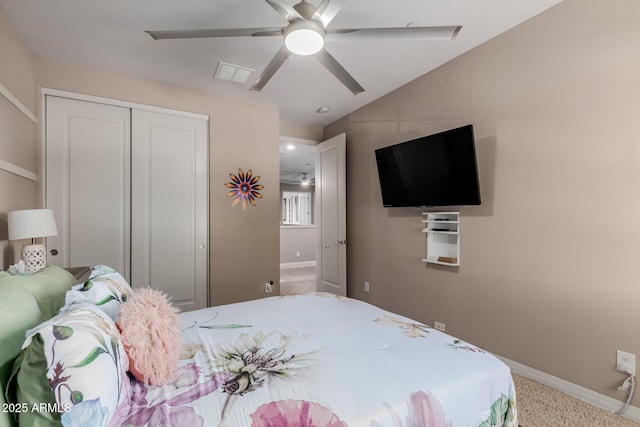 16178 W Granada Rd, Goodyear, AZ 85395 - bedroom featuring a closet, carpet flooring, ceiling fan, and lofted ceiling