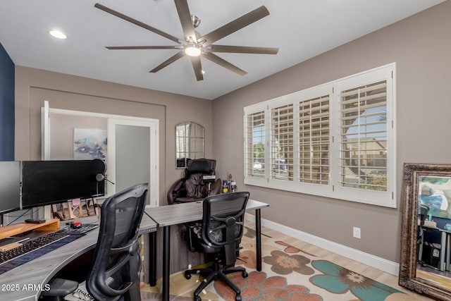 16178 W Granada Rd, Goodyear, AZ 85395 - home office featuring a ceiling fan, wood finished floors, and recessed lighting