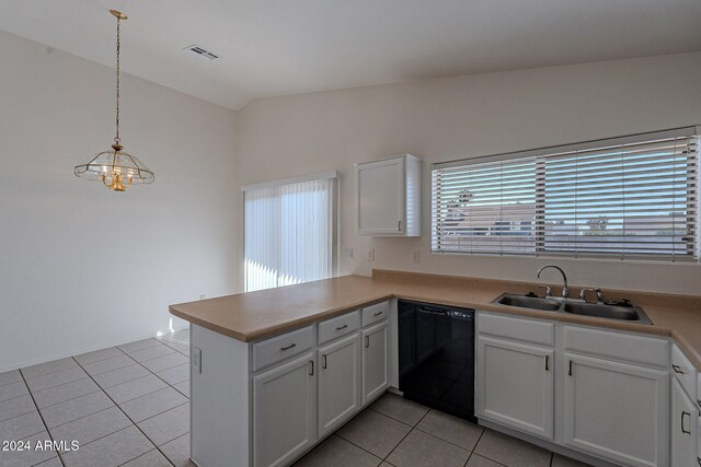 kitchen featuring dishwasher, kitchen peninsula, white cabinets, and pendant lighting