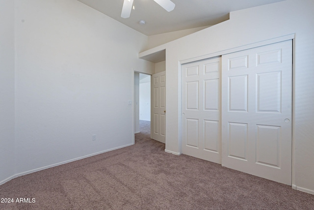 unfurnished bedroom with ceiling fan, a closet, and carpet