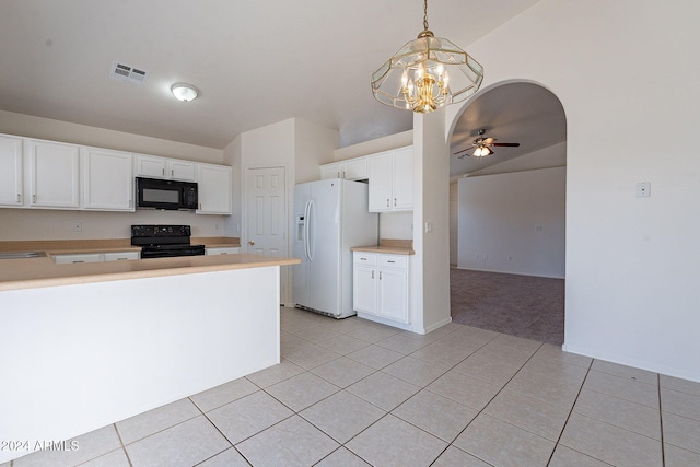 kitchen with light tile patterned flooring, ceiling fan with notable chandelier, white cabinetry, and black appliances