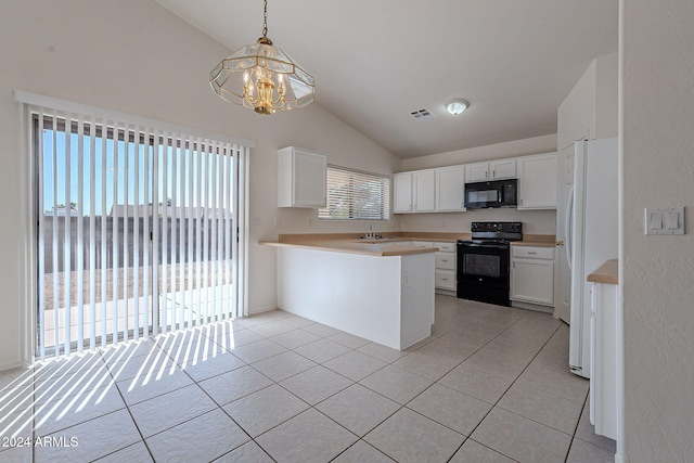 kitchen with pendant lighting, vaulted ceiling, black appliances, light tile patterned flooring, and white cabinetry